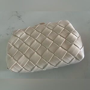 New Olga Berg Quinn Woven Clutch in white GOLD CHAIN CROSSBODY SHOULDER LEATHER